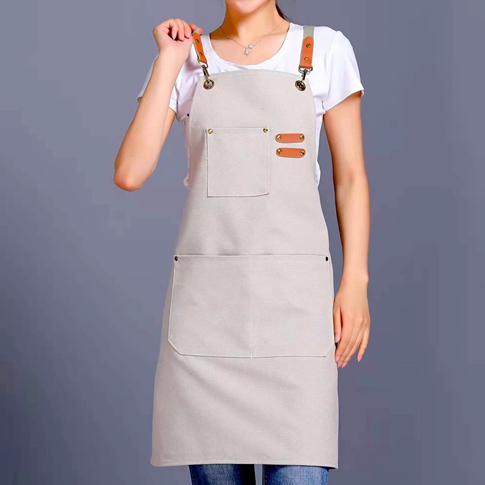 Canvas Cross Back Unisex Cotton Apron w/Large Pockets & genuine leather straps